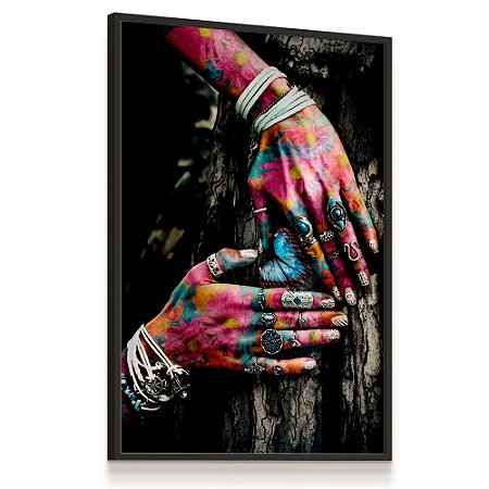 Quadro Decorativo Mãos Coloridas Borboleta Natureza