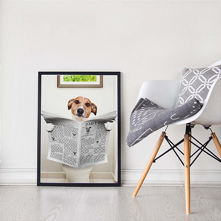 Quadro Decorativo Cachorro Caramelo Simpático Lendo Jornal Banheiro