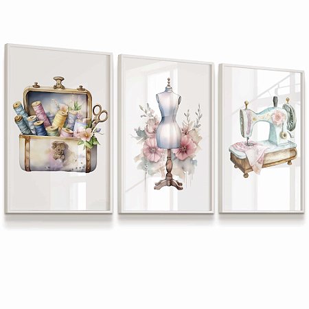 Quadro Decorativo Costura Linhas Tesoura Atelier Manequim Costureira Kit 3 Quadros Flores