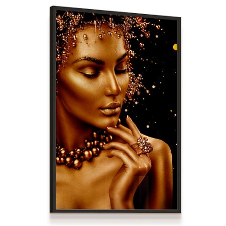 Quadro Decorativo Mulher Gold Pérola Fashion Maquiagem Dourada