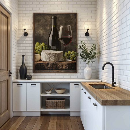 Quadro Decorativo Taça Vinho Garrafa Wine Líquido Queijo Uvas Adega Goumert