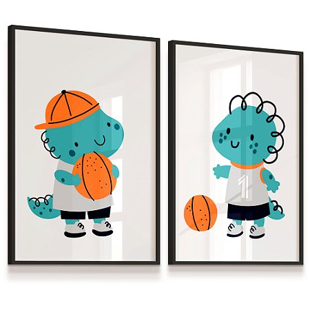 Quadro Decorativo Infantil Dinossauro Dino Basquete