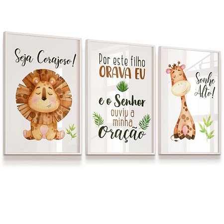 Quadro Infantil Por este Filho eu Orava Leãozinho Girafinha Kit 3 Quadros