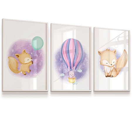 Quadro Infantil Raposinha Coelhinho Balão Kit 3 Quadros