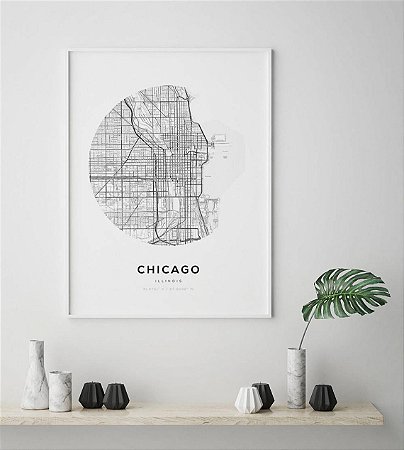 Quadro Decorativo Mapa Chicago Illinóis Nome de Ruas Cidade País