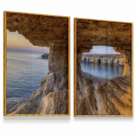Quadro Decorativo Praia Entardecer Pedras Mar Paisagem  Kit 2