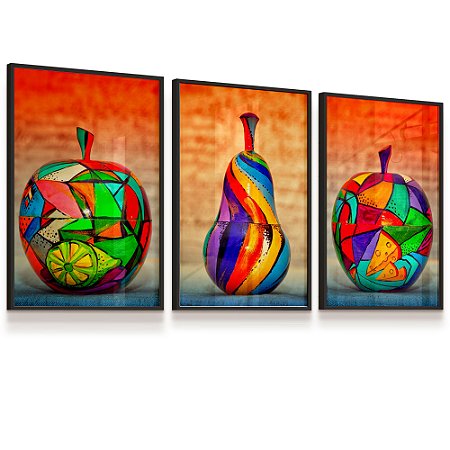 Quadro Frutas Coloridas Pera Maçã Pintura Nutricionista Kit 3 Quadros