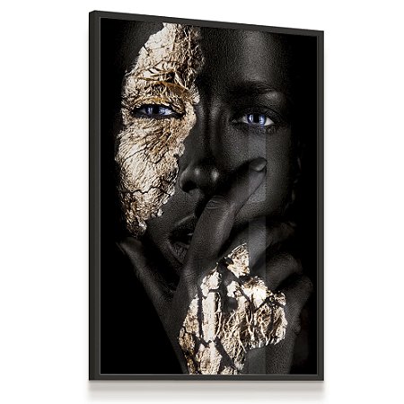 Quadro Decorativo Mulher Negra Rosto Dourado Olhos Azuis