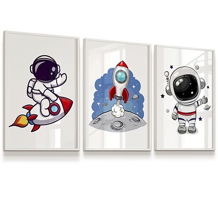Quadro Decorativo Astronauta Foguete Lua Estrelas Kit 3 Quadros