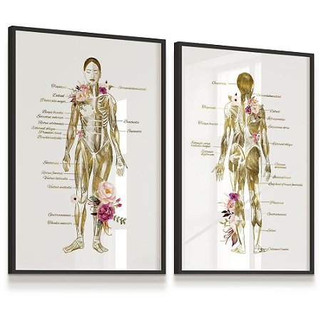 Quadro Decorativo Corpo Humano Feminino Flores Descrições Estética Esqueleto