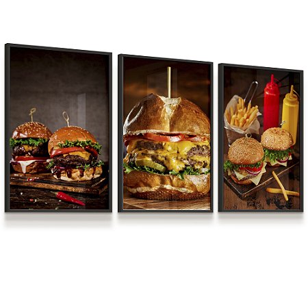 Quadro Decorativo Hamburgueria Lanchonete Hamburguer Kit 3 Quadros