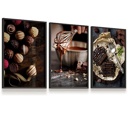 Quadro Decorativo Chocolate Bolo Bombom Chocolateria  Kit 3 Quadros