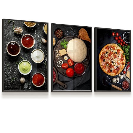 Quadro Decorativo Pizzaria Molhos Massa Pizza  Kit 3 Quadros