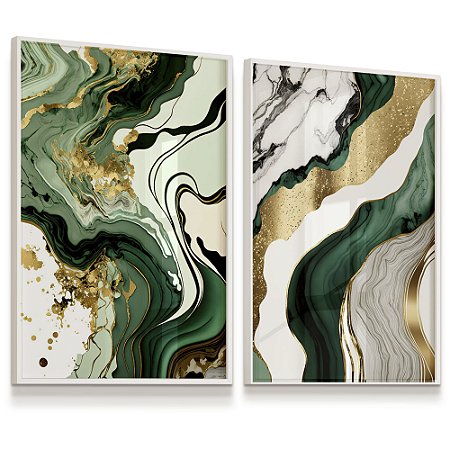 Quadro Abstrato Tons Verde Dourado Green Gold Moderno Kit 2