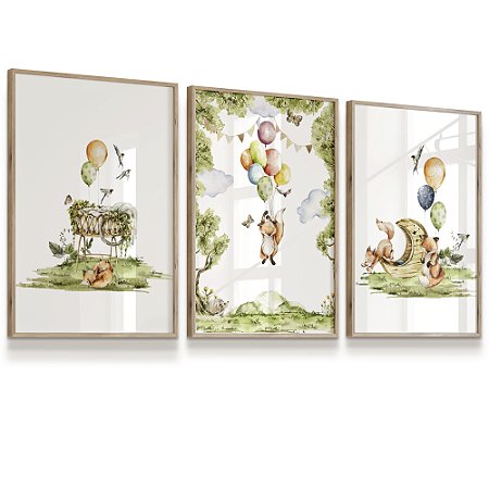 Quadro Decorativo Infantil Raposinha Balões Floresta Kit 3 Quadros