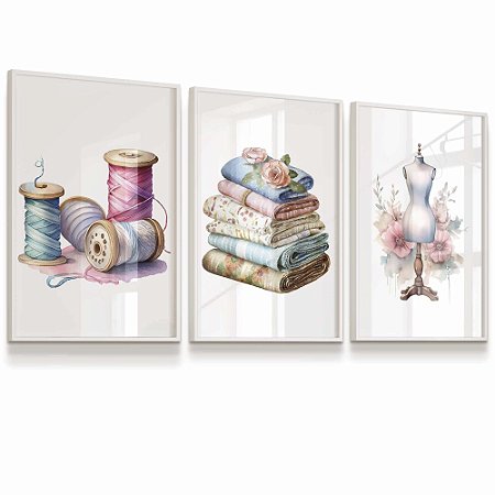 Quadro Costura Máquina Agulha Tesoura Atelier Costureira  Manequim Kit 3 Quadros
