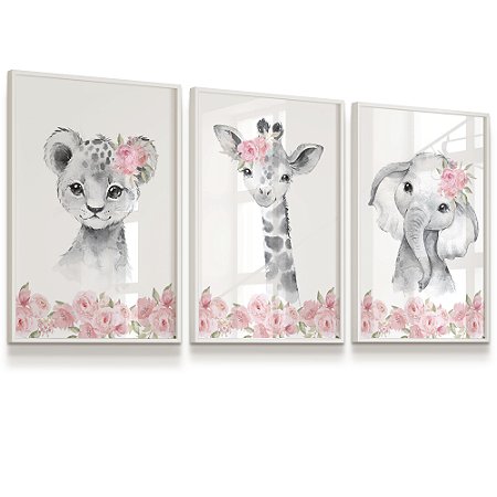 Quadro Decorativo Infantil Elefantinha Girafinha Onçinha Flores Rosa Kit 3 Quadros