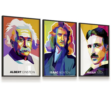 Quadro Decorativo Albert Einstein Nikola Tesla Isaac Newton Kit 3 Quadros