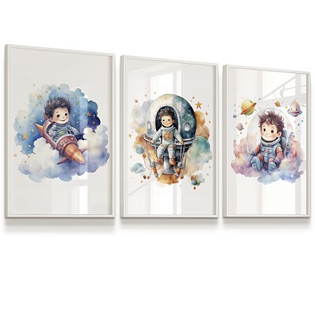 Quadro Decorativo Astronauta Foguete Lua Espaço Céu kit 3
