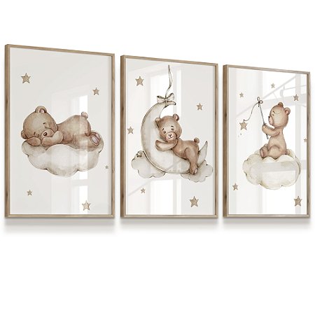 Quadro Decorativo Infantil Ursinho Dormindo Nuvem Pescando Estrelas Kit 3 Quadros