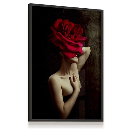 Quadro Decorativo Mulher Face  Flor Rosa Vermelha Cabeça