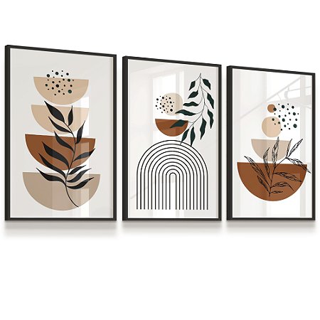 Quadro Composição Art Boho Botânica Folhas Abstrato Moderno Kit 3 Quadros