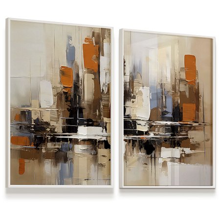 Quadro Abstrato Pinceladas Laranja Azul Branco Pintura Cores