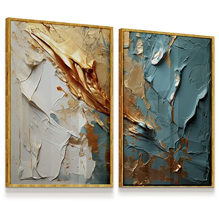 Quadro Decorativo Abstrato Textura Tons de Azul Branco Dourado Pintura