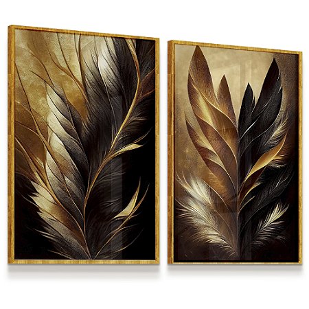 Quadro Decorativos  Penas Douradas Textura Gold  Kit 2