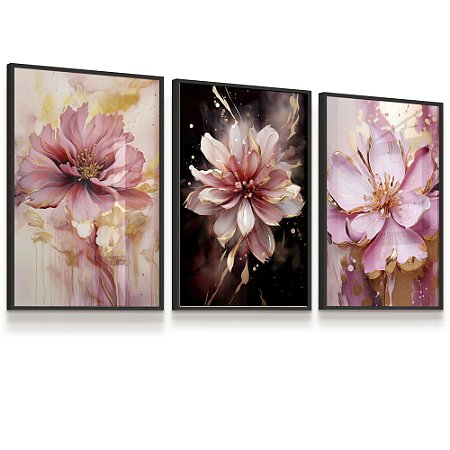 Quadro Decorativo Trio Rosas Flores  Pintura Floral Kit 3 Quadros