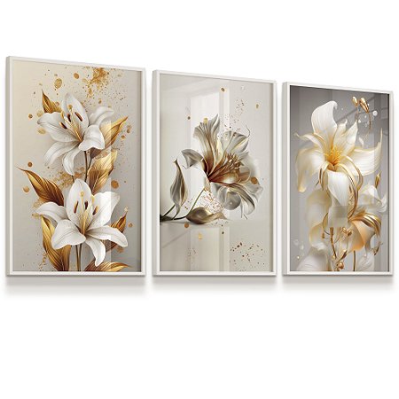 Quadro Decorativo Flor de Lírio Floral Arranjos  de Flores Kit 3 Quadros