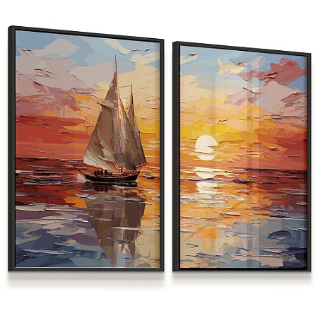 Quadro Decorativo Barco a Vela Pintura Mar Pinceladas Kit 2