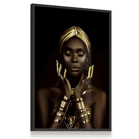 Quadro Decorativo Mulher Negra Jóias Mãos e Turbante Dourados Gold