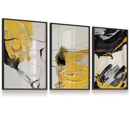 Quadros Composição Abstrato Preto Amarelo Pintura Pinceladas Kit 3