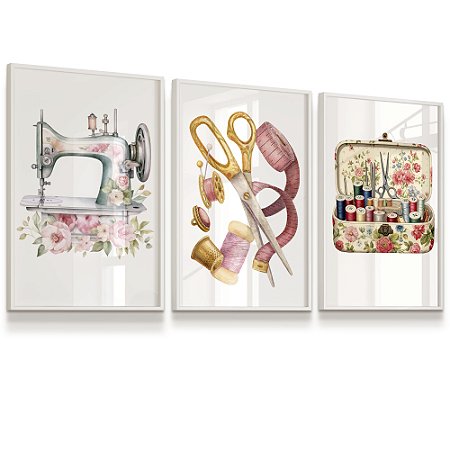 Quadro Decorativo Costura Tesoura Atelier Costureira Máquina Rosa Flores Kit 3 Quadros