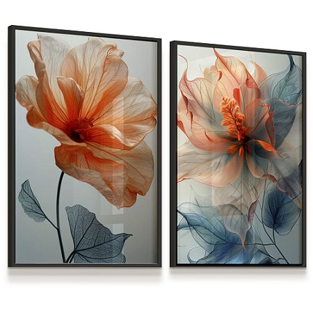 Quadro Decorativo Flores Delicadas Folhas Tons Laranja Verde