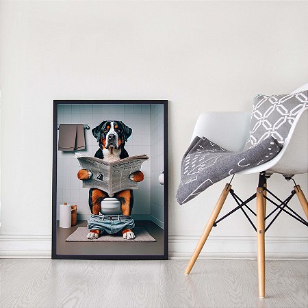 Quadro Decorativo Cachorro Simpático Lendo Jornal Banheiro Berner Sennenhund Buldog