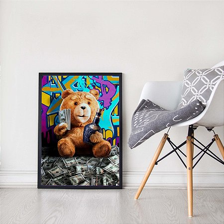 Quadro Decorativo Urso Dinheiro Bebida Riqueza Street Arte Comtemporânea