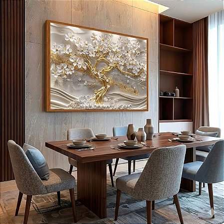 Quadro Decorativo Árvore da Vida Flores Brancas Caule Dourado Oriental