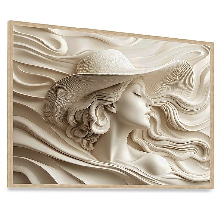 Quadro Decorativo Mulher Gesso Chapéu Elegante Ondas Tecido