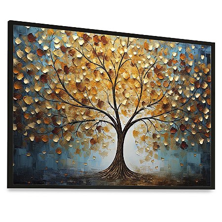 Quadro Árvore da Vida Colorido Folhas Galhos Tons Azul Laranja