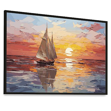 Quadro Decorativo Pintura Barco Sol Mar Pinceladas Tinta Cores