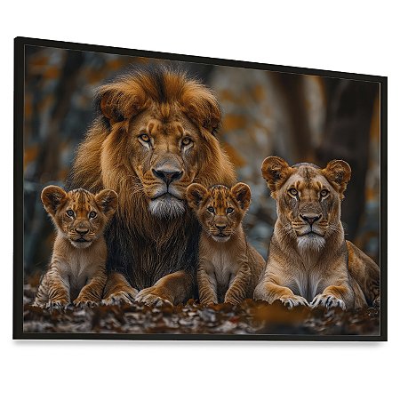 Quadro Decorativo Família Leões Leão Leoa 2 Filhotes Animais