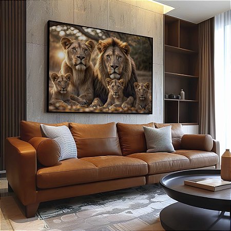 Quadro Decorativo Família Leões Leão Leoa 3 Filhotes Animais Natureza