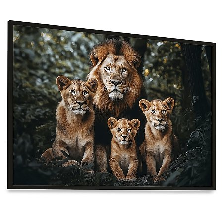 Quadro Decorativo Família Leões Leão Leoa 2 Filhotes Fundo Verde Natureza