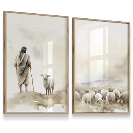 Quadro Decorativo Jesus Cajado Pastor Ovelhas Pastoreio Fé