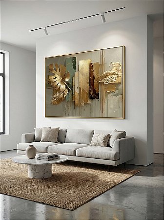 Quadro Decorativo Abstrato Tons Dourado Luxo Gold Folhagem