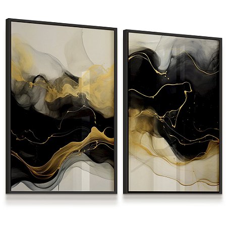 Quadro Abstrato Tons Preto Dourado Efeito Mármore Moderno