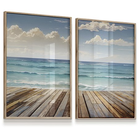 Quadro Decorativo Praia Mar Céu Nuvens Desenho Pier Oceano
