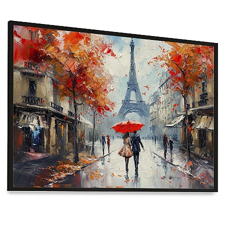 Quadro Decorativo Cidade Paris Pintura Torre Eiffel Casal Guarda Chuva